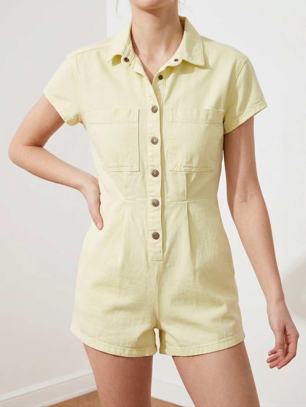 BDG Lime Yellow Joey Short Sleeve Denim Romper Coveralls Size XS